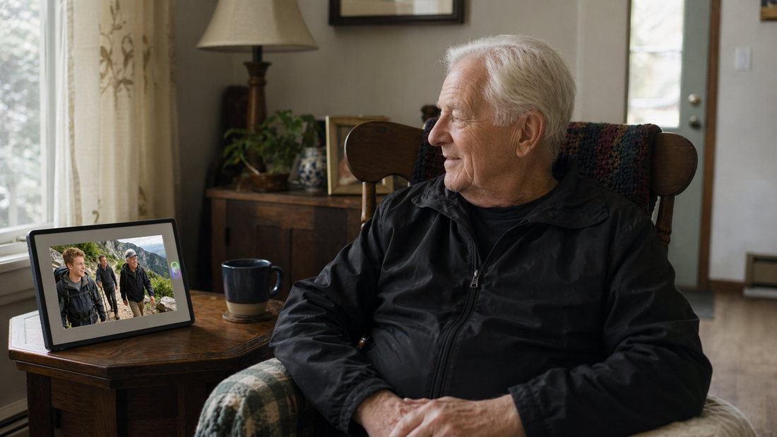 Amivo connected digital photo frame displaying family vacation photos next to an elderly dad, making it a meaningful long-distance Father's Day gift.