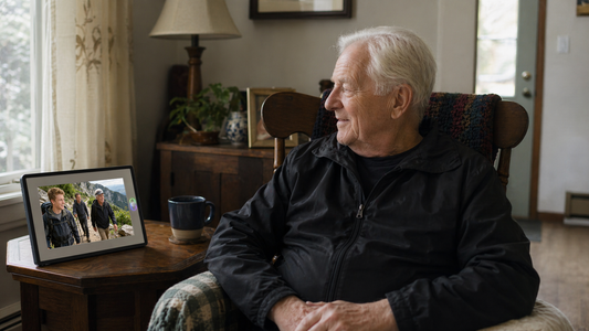 Amivo connected digital photo frame displaying family vacation photos next to an elderly dad, making it a meaningful long-distance Father's Day gift.