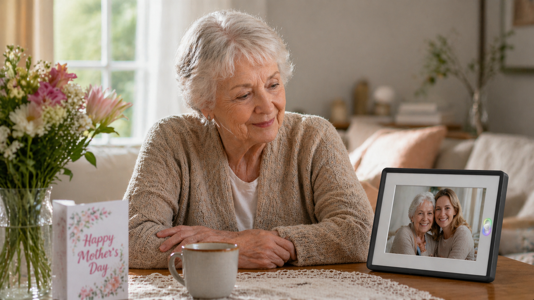 Senior woman enjoying a digital photo frame gift with family pictures, perfect for sentimental Mother's Day presents.