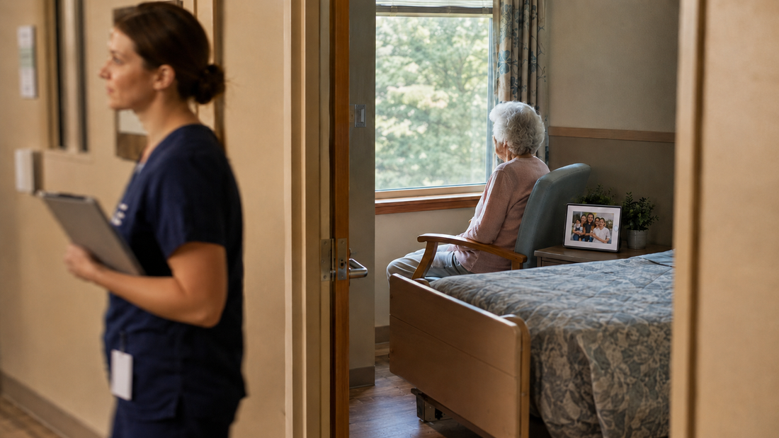Senior living resident looking out the window while a digital photo frame keeps family memories close