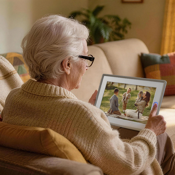 Older woman enjoying family photos on an Amivo digital photo frame at home
