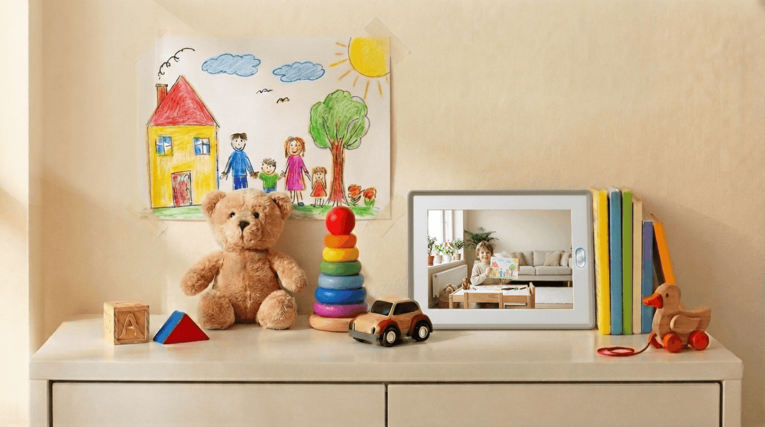 Amivo AI smart digital photo frame displaying a child's photo on a white nursery dresser, surrounded by a teddy bear and colorful wooden toys.