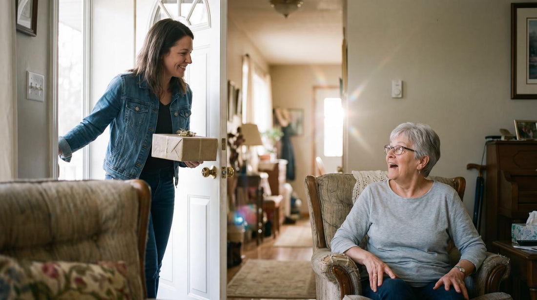 A young woman bringing a gift to a smiling senior woman, illustrating AI powered senior companionship and a modern way to stay in touch with family.