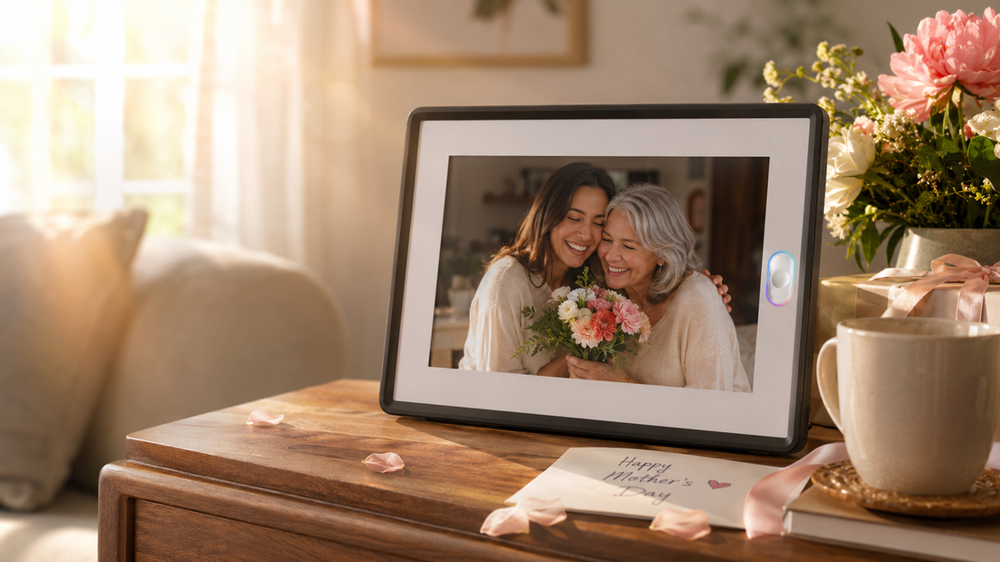 amivo wireless digital picture frame on a living room table displaying a photo of a smiling mother and daughter with flowers, perfect as a sentimental Mother's Day gift or long distance family gift.