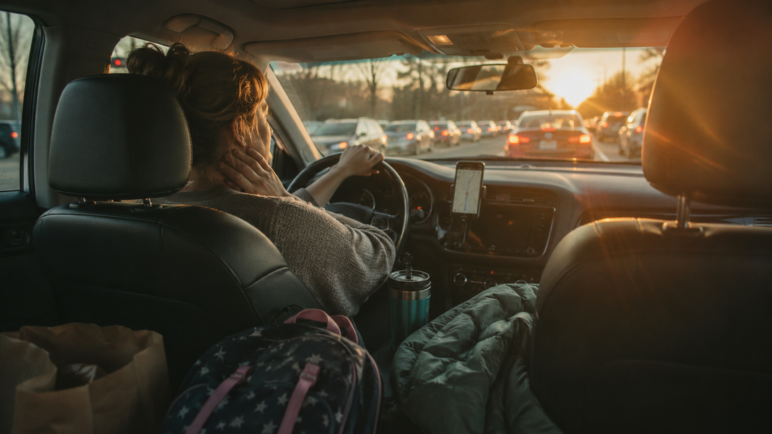 Busy mom driving through traffic, showing the challenge of staying connected with aging parents