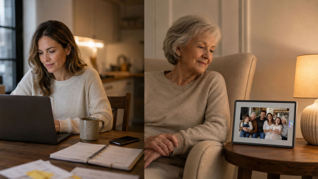 A busy daughter working on a laptop while her elderly mother smiles at a family photo on amivoframe, bridging the gap between a busy life and staying connected with parents.