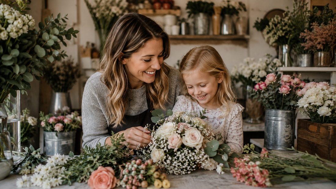 A mother and daughter smiling and arranging a floral bouquet together in a flower shop, representing a family photo ready to be uploaded to an AmivoFrame digital smart talking photo frame via the Amivo app.