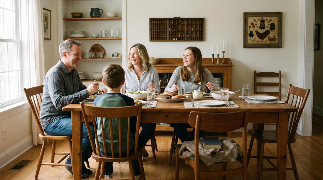 A happy family sitting around a wooden dining table, representing the "Reserved Seat" concept of the amivoframe AI digital frame for staying connected with elderly parents.