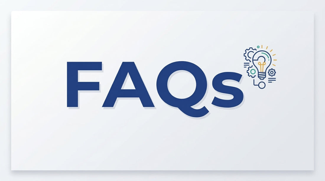 FAQs text with a lightbulb and gear icon, representing help and technical support for Amivo AI smart frames.