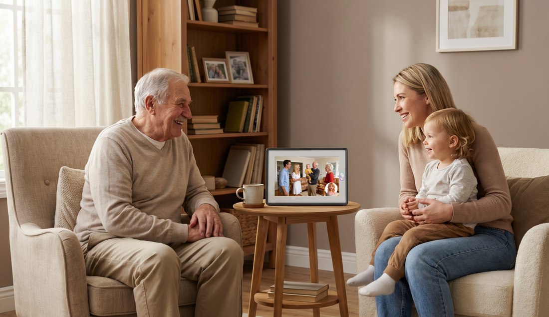 A happy grandfather, mother, and toddler sitting together in a cozy living room, interacting with an Amivo AI smart frame that displays family photos.