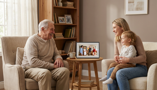 A happy grandfather, mother, and toddler sitting together in a cozy living room, interacting with an Amivo AI smart frame that displays family photos.