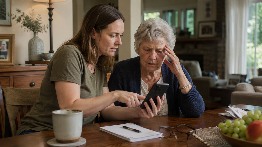 An adult daughter helping a frustrated senior mother with a smartphone, illustrating the need for zero setup gifts for grandparents and remote managed digital frames.