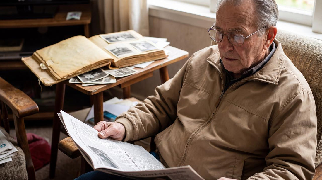 Grandfather reading and remembering, showcasing why amivoframe is the perfect gift for aging parents to build an audio-visual family legacy without tech education cost.