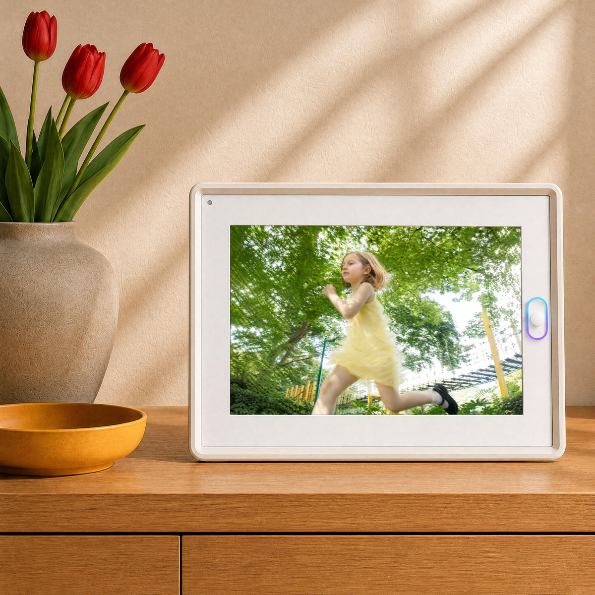 A grandma viewing family photos on the best digital frame, an ideal choice for long distance family gifts and comforting sentimental gifts for mom.