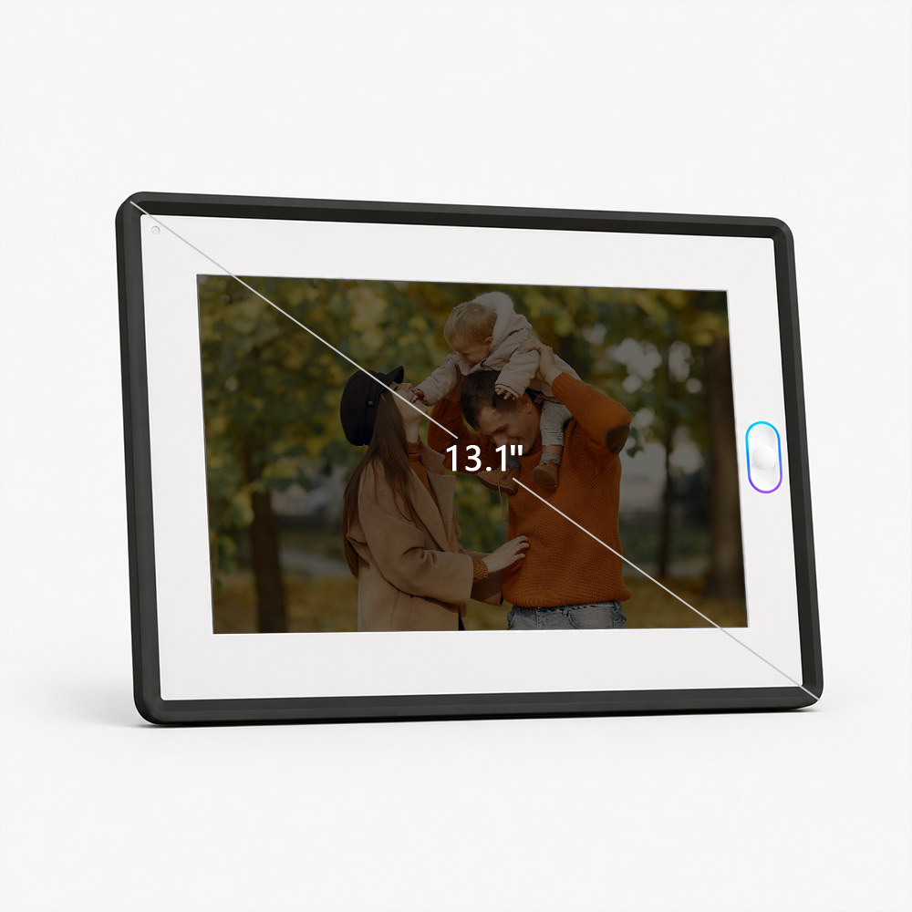 Front view of the AmivoFrame smart digital photo frame featuring a 10.1-inch display, a minimalist light-colored frame, and a side-mounted control button. Its clean, modern design makes it suitable for living rooms, bedrooms, kitchens, and other home spaces.