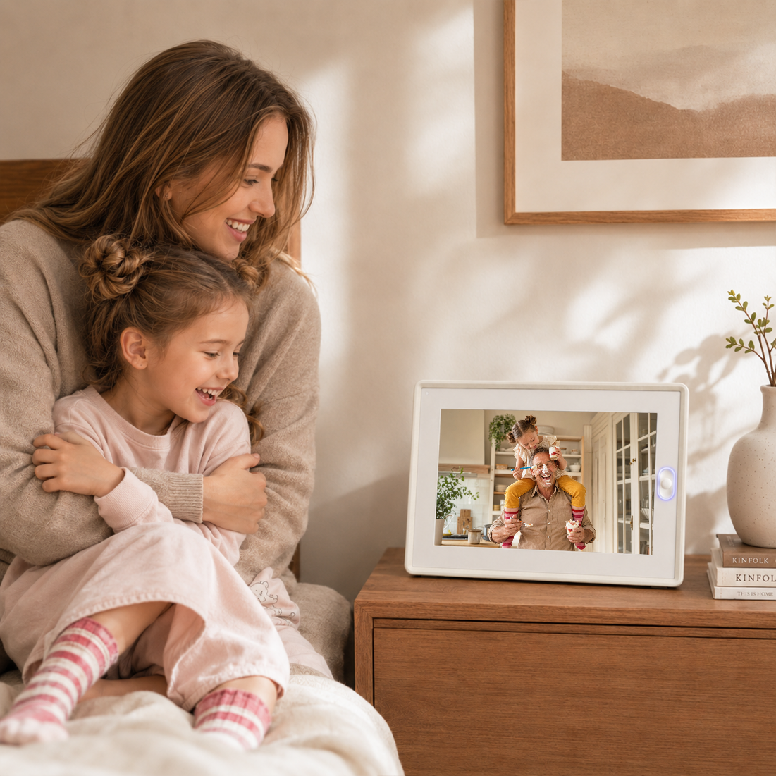 An AmivoFrame smart photo frame displaying a family photo on a minimalist wooden desk with a notebook and desk lamp.