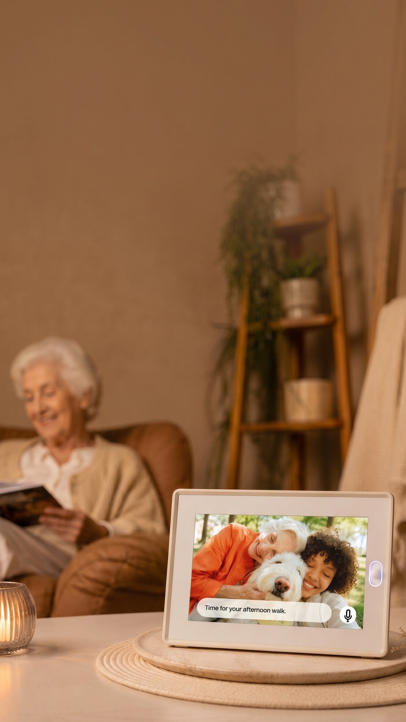 An electronic picture frame displaying a family portrait on a bedside table, creating heartwarming long distance family gifts.
