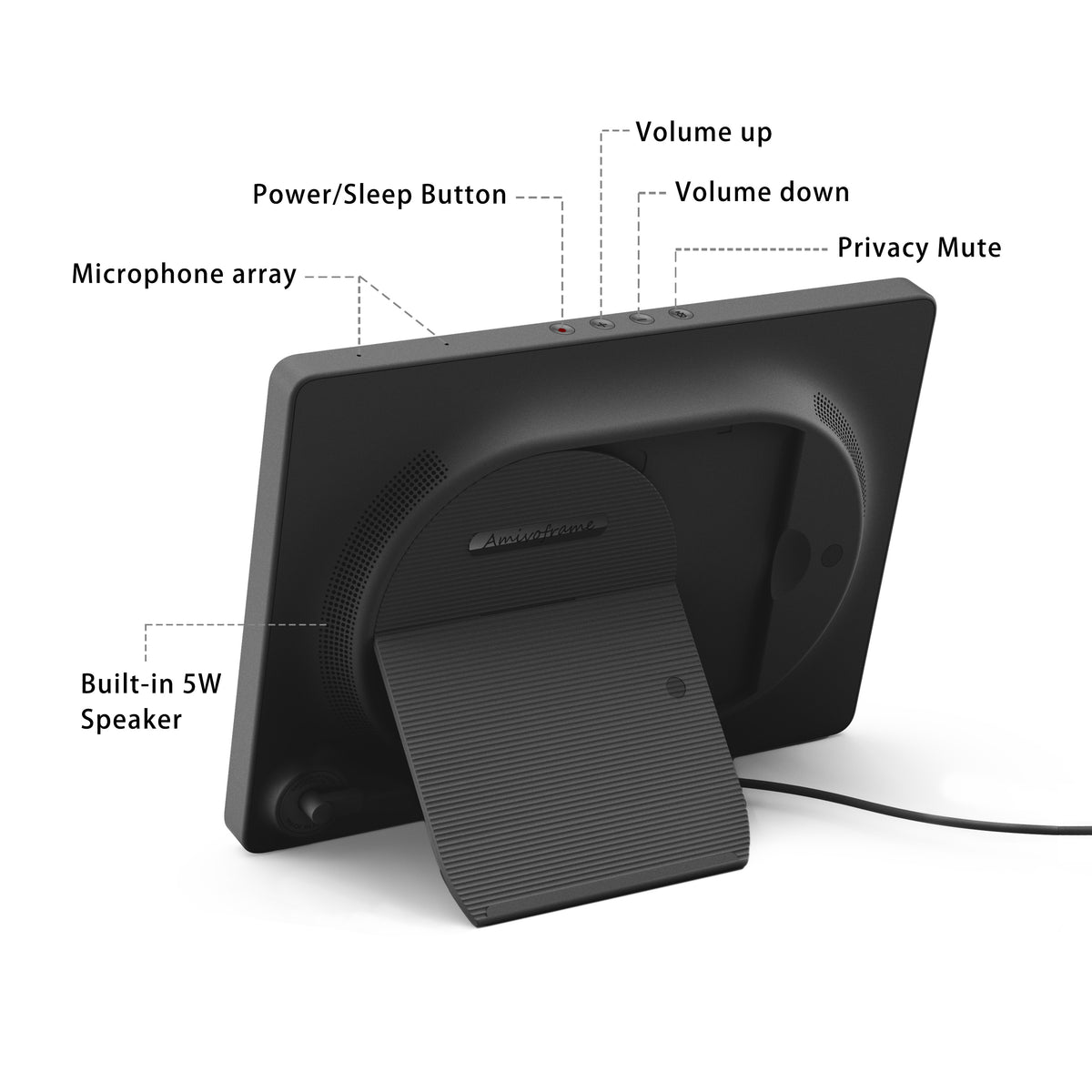 The back diagram of this electronic picting a built-in speaker and privacy mute button.ure frame showcases its hardware, includ