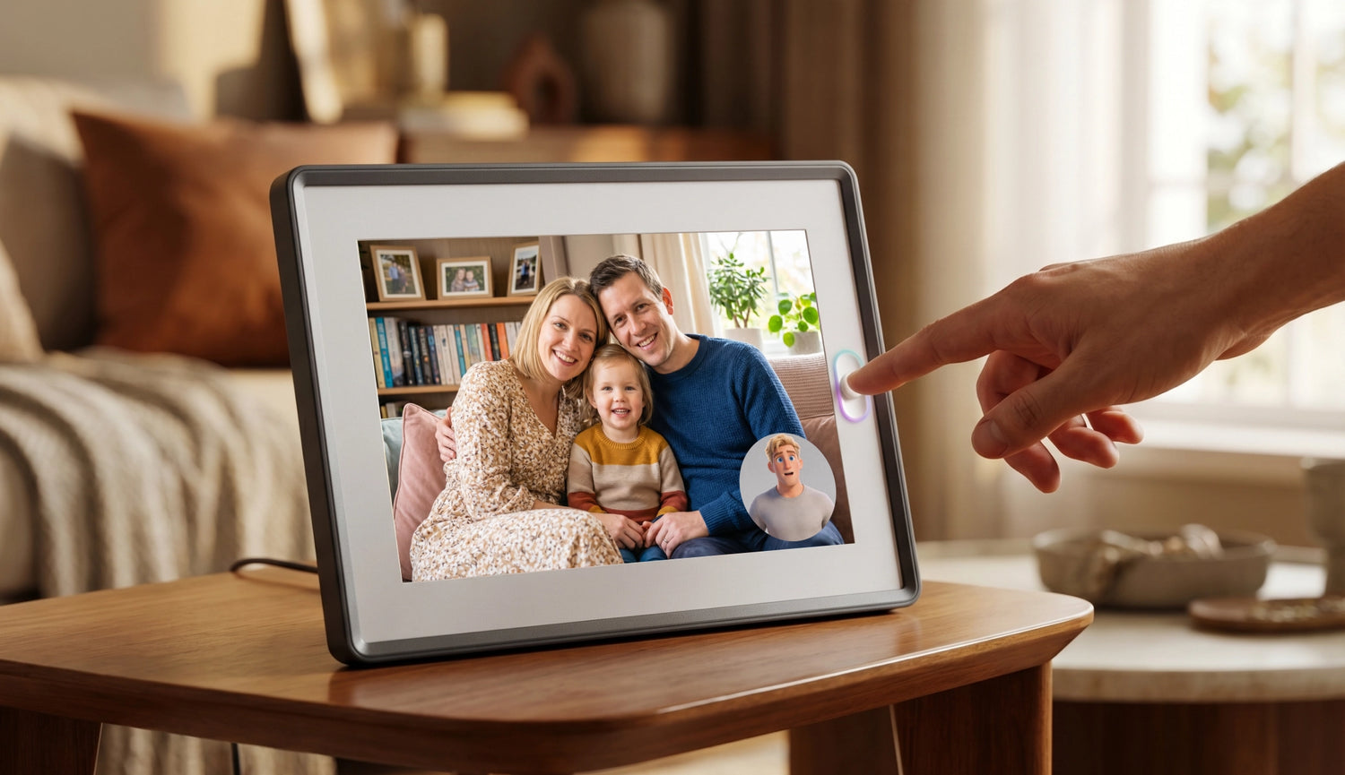 A hand pressing the side button on a smart picture frame showing family portraits, one of the best digital frame picks for gifting.
