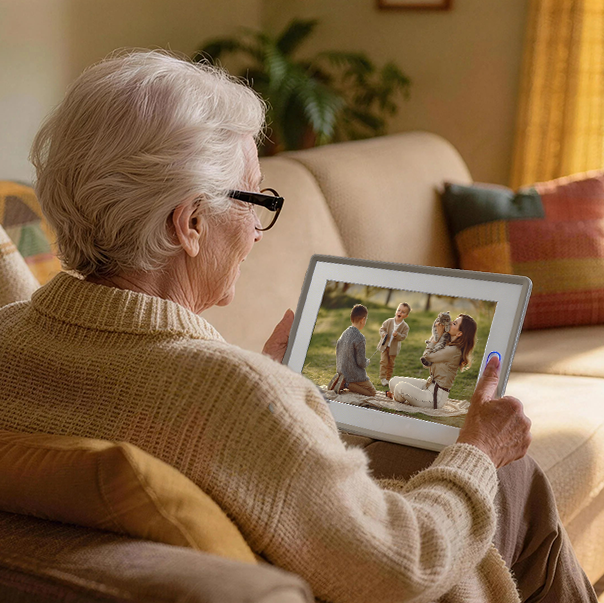 A grandma viewing family photos on the best digital frame, an ideal choice for long distance family gifts and comforting sentimental gifts for mom.