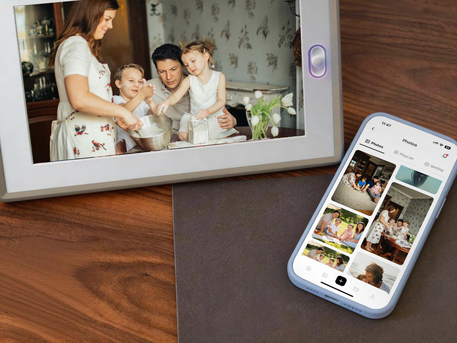 A wifi digital picture frame syncing with a smartphone app, making it one of the best electronic picture frame choices.