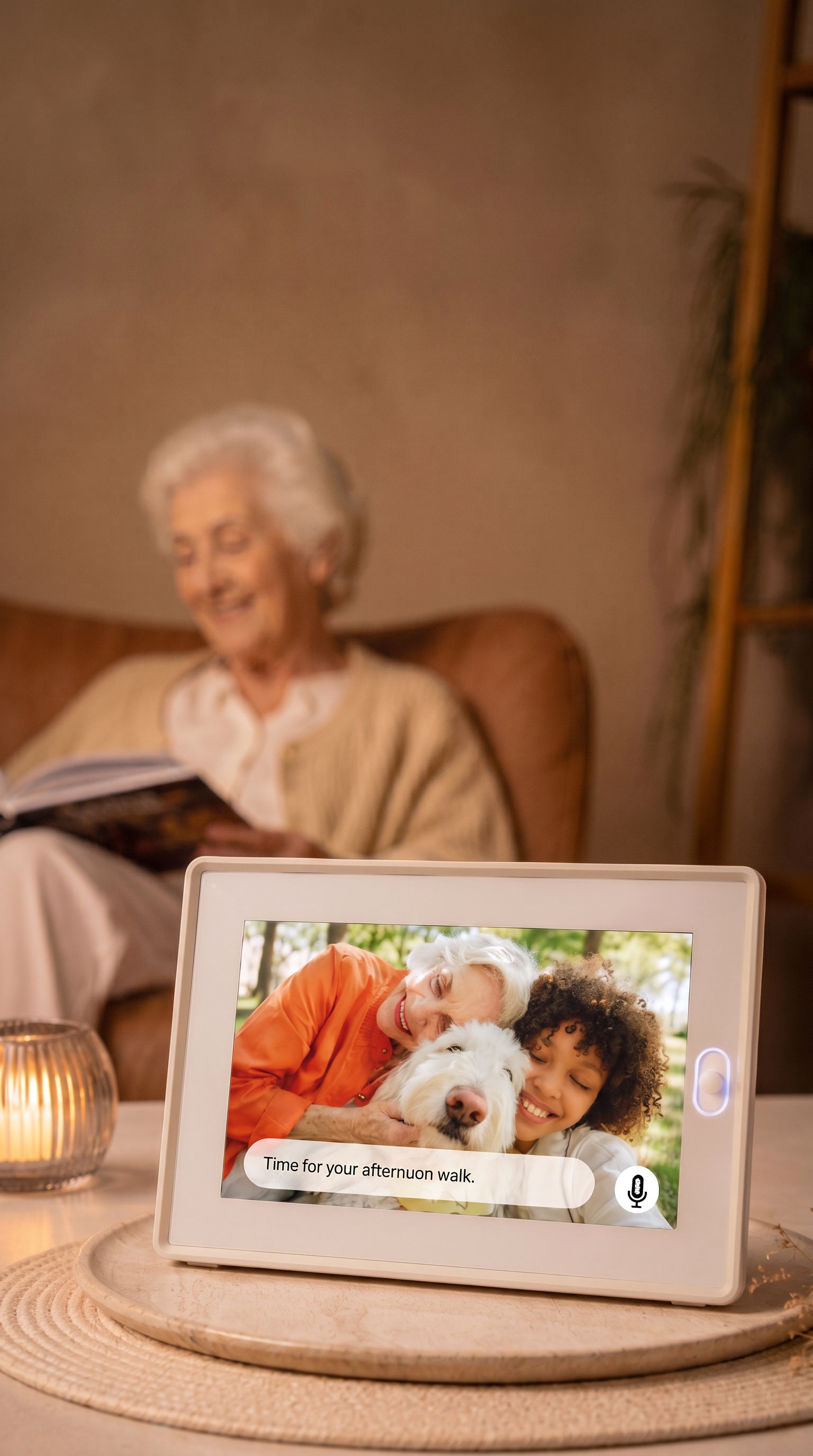 An electronic picture frame displaying a family portrait on a bedside table, creating heartwarming long distance family gifts.