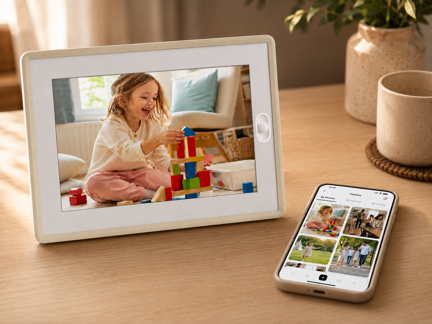 A wifi digital picture frame syncing with a smartphone app, making it one of the best electronic picture frame choices.
