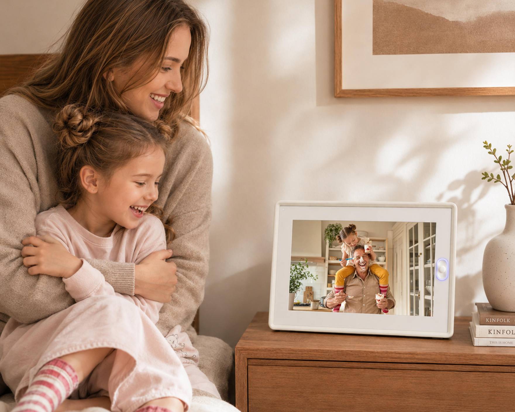 An AmivoFrame smart photo frame displaying a family photo on a minimalist wooden desk with a notebook and desk lamp.