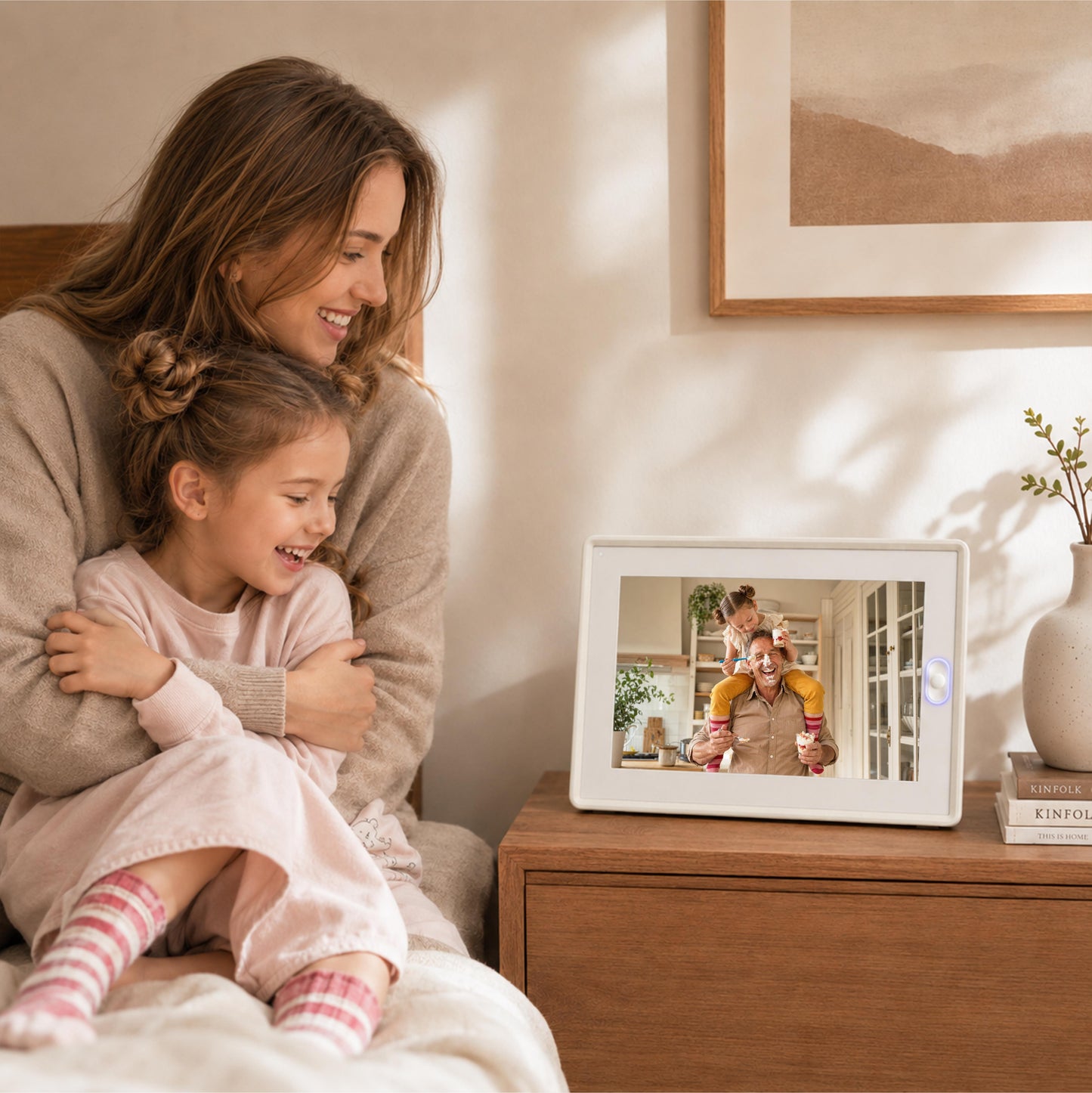 An AmivoFrame smart photo frame displaying a family photo on a minimalist wooden desk with a notebook and desk lamp.