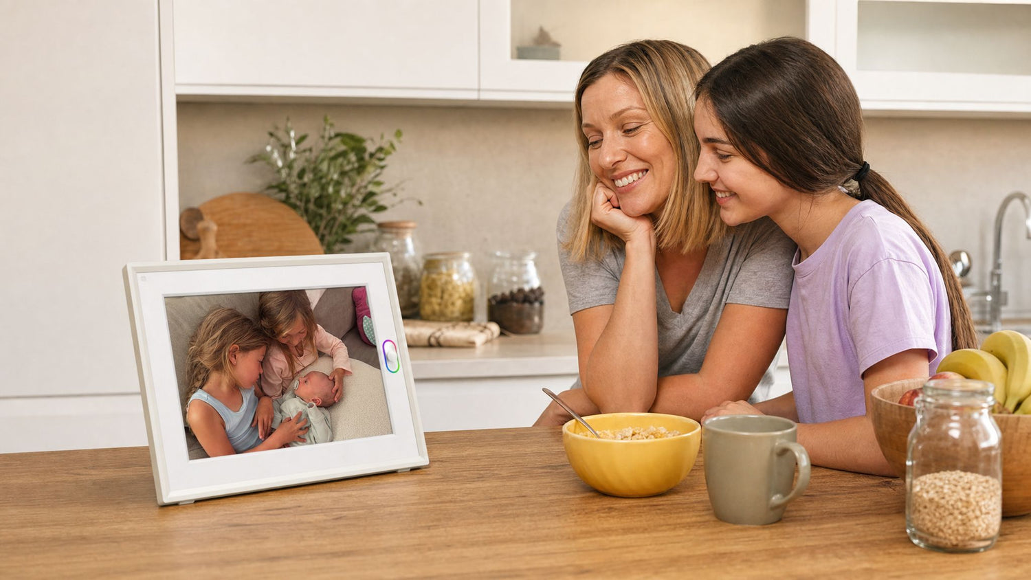 A wifi digital picture frame syncing with a smartphone app, making it one of the best electronic picture frame choices.