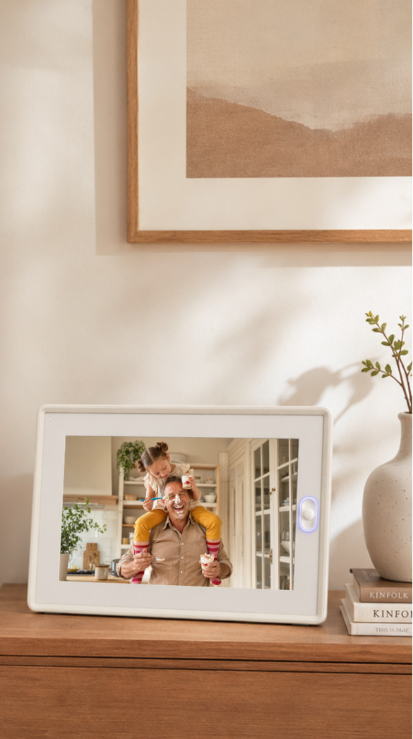 An electronic picture frame displaying a family portrait on a bedside table, creating heartwarming long distance family gifts.
