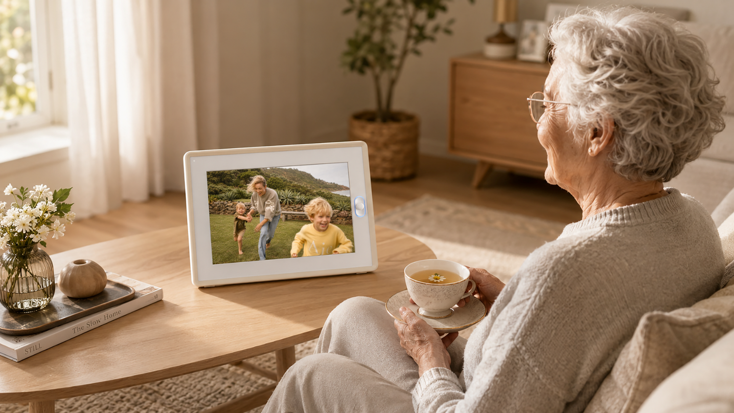 A grandma viewing family photos on the best digital frame, an ideal choice for long distance family gifts and comforting sentimental gifts for mom.