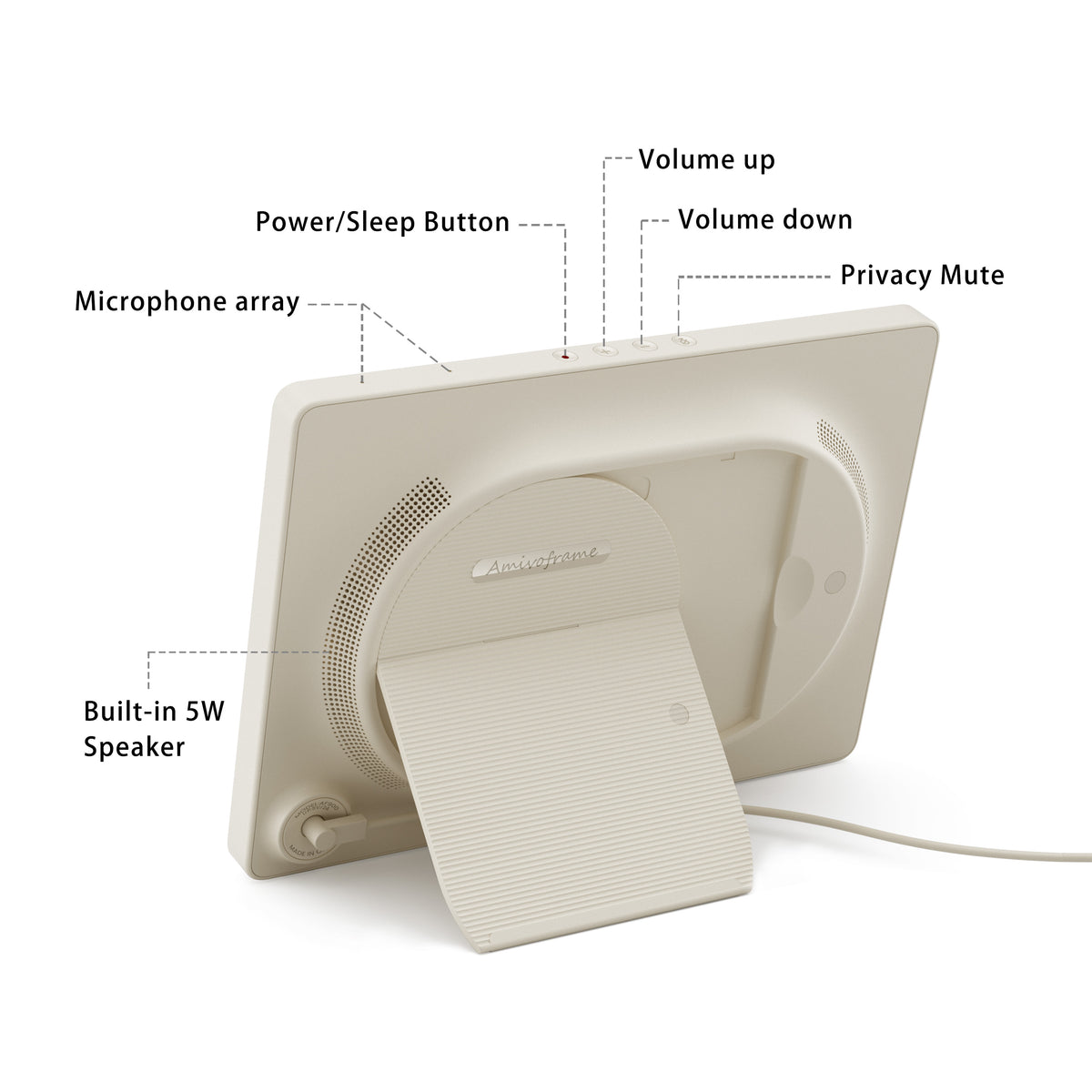 The back diagram of this electronic picting a built-in speaker and privacy mute button.ure frame showcases its hardware, includ