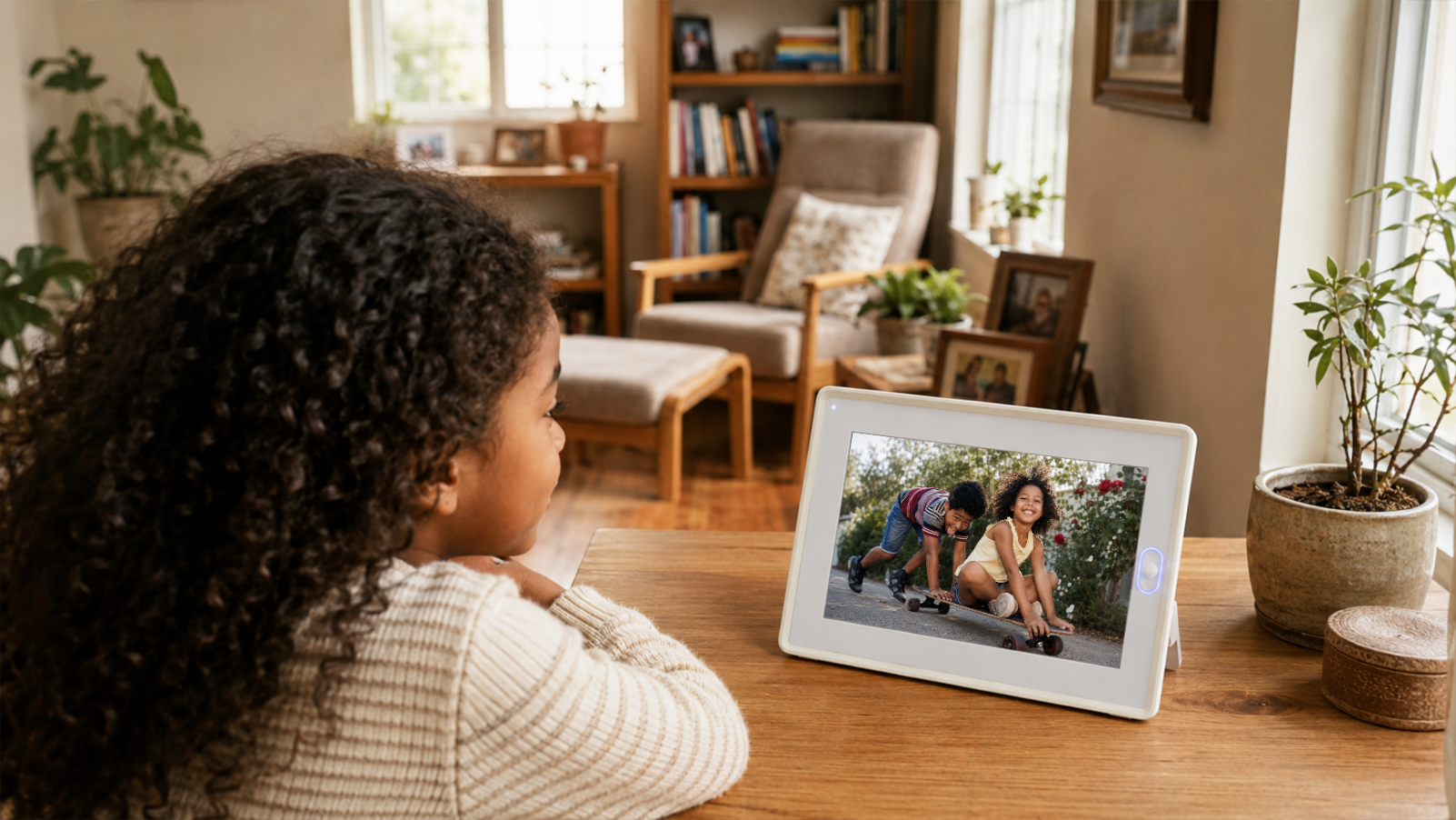 An AmivoFrame smart photo frame displaying a family photo on a minimalist wooden desk with a notebook and desk lamp.