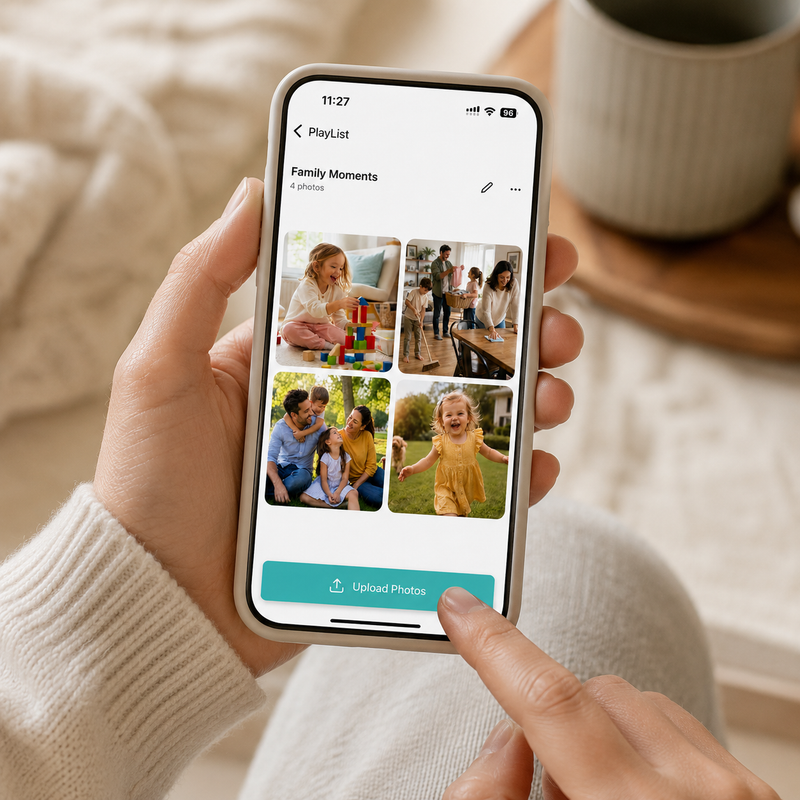 Uploading memories to a wifi digital picture frame from amivo app, making it among the best long distance family gifts for mom.