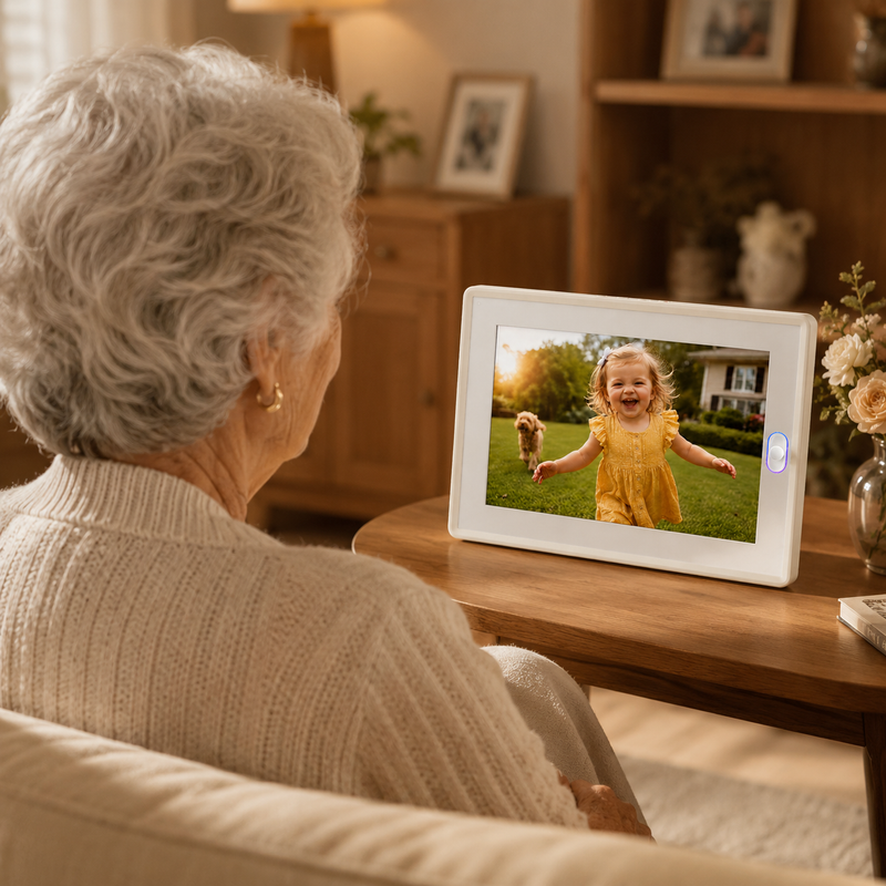 An elderly woman watching a wireless photo frame on the table, showcasing a great retirement gift ideas for women.