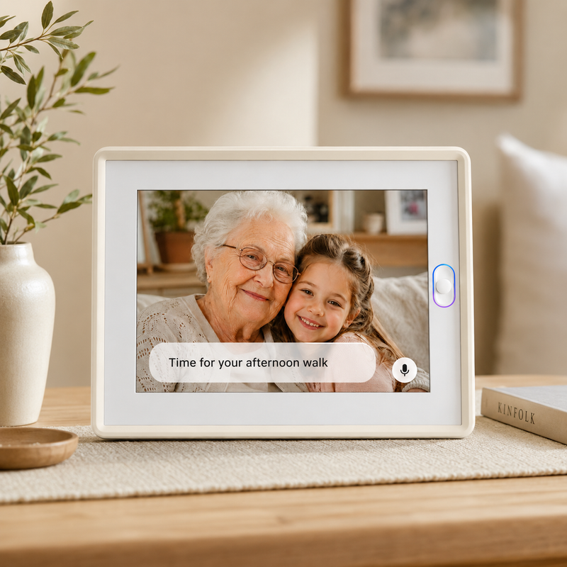 The image details how this wifi digital picture frame and best electronic picture frame doubles as a daily planner with health reminders.