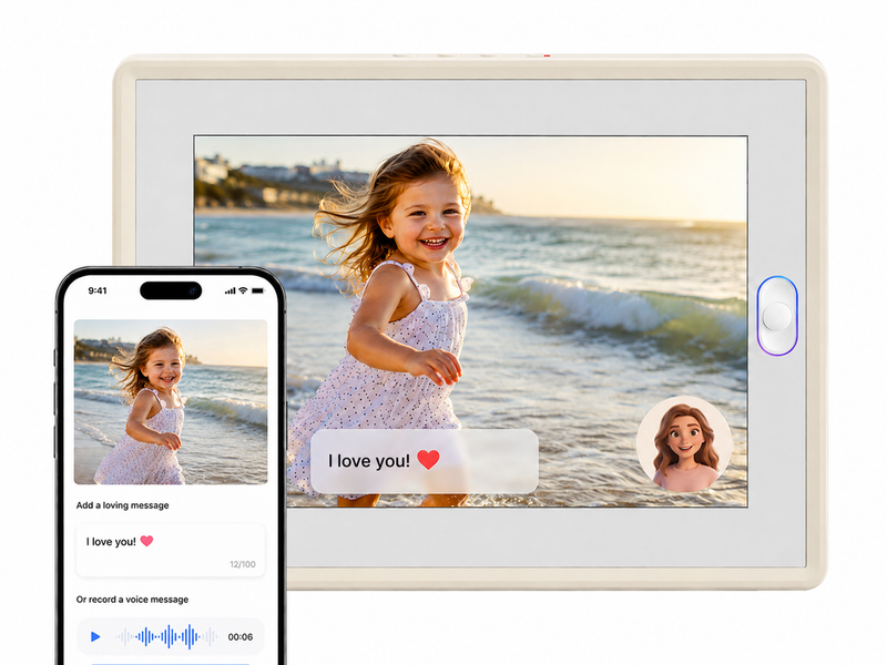 Sending a voice message to a wifi digital picture frame, making it one of the best sentimental gifts for mom.