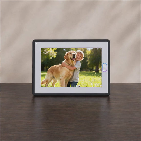 Best electronic picture frame with auto-rotate showing child and dog photo, a best digital picture frame for memories